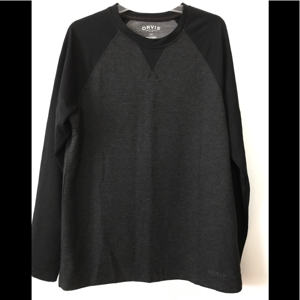 Orvis Pullover Baseball Sleeve Sweater Crew Neck Mens M Black Gray Colorblock